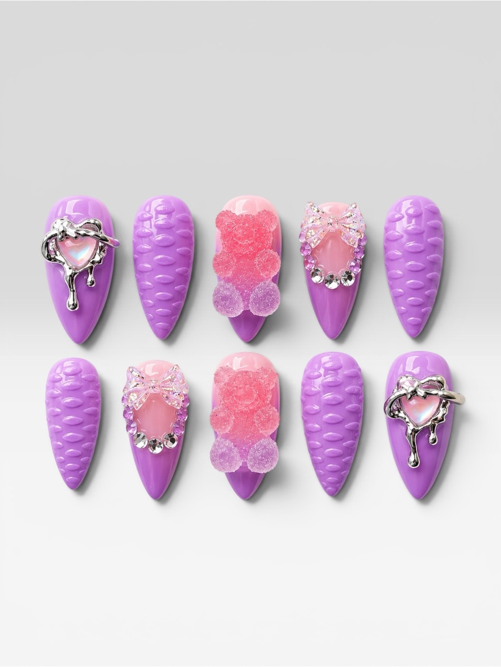 Lilac & Pink Press-On Nails with Gems and 3D Accents